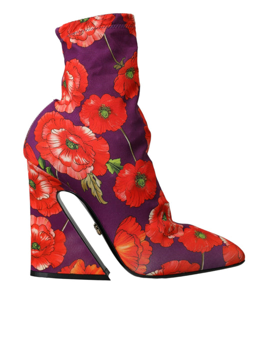 Dolce &amp; Gabbana Purple Floral Jersey Stretch Boots -kengät