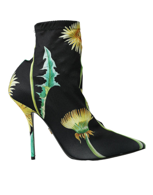 Dolce &amp; Gabbana Black Floral Jersey Stretch Boots Shoes