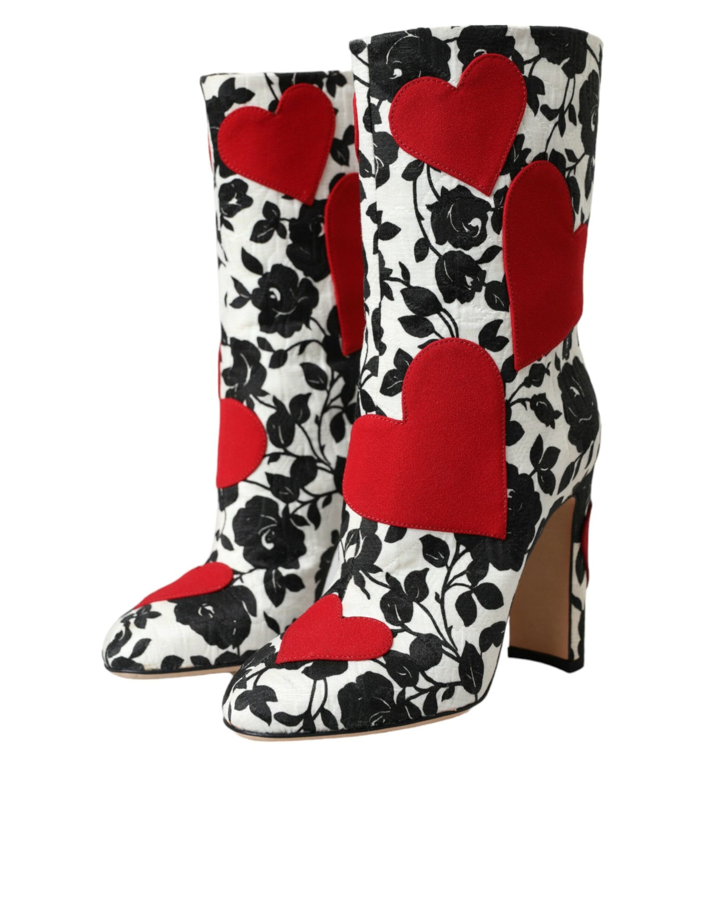 Dolce &amp; Gabbana White Floral Hearts Leather High Boots Shoes