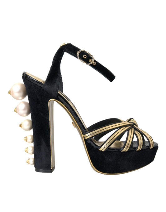 Dolce &amp; Gabbana Black Gold Koristeellinen Heels Sandaalit Kengät