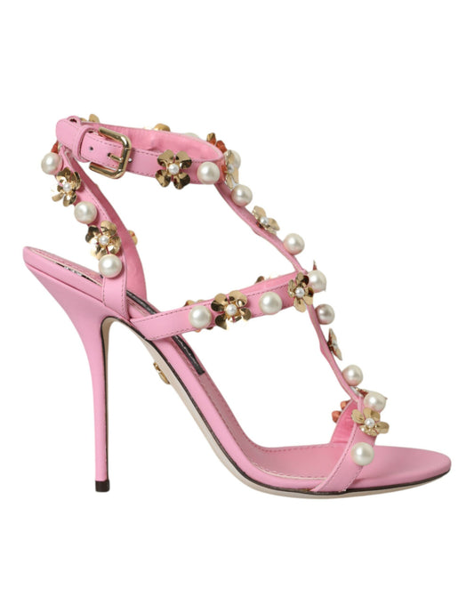 Dolce & Gabbana Rosa Leder verschönerte Absätze Sandalen Schuhe