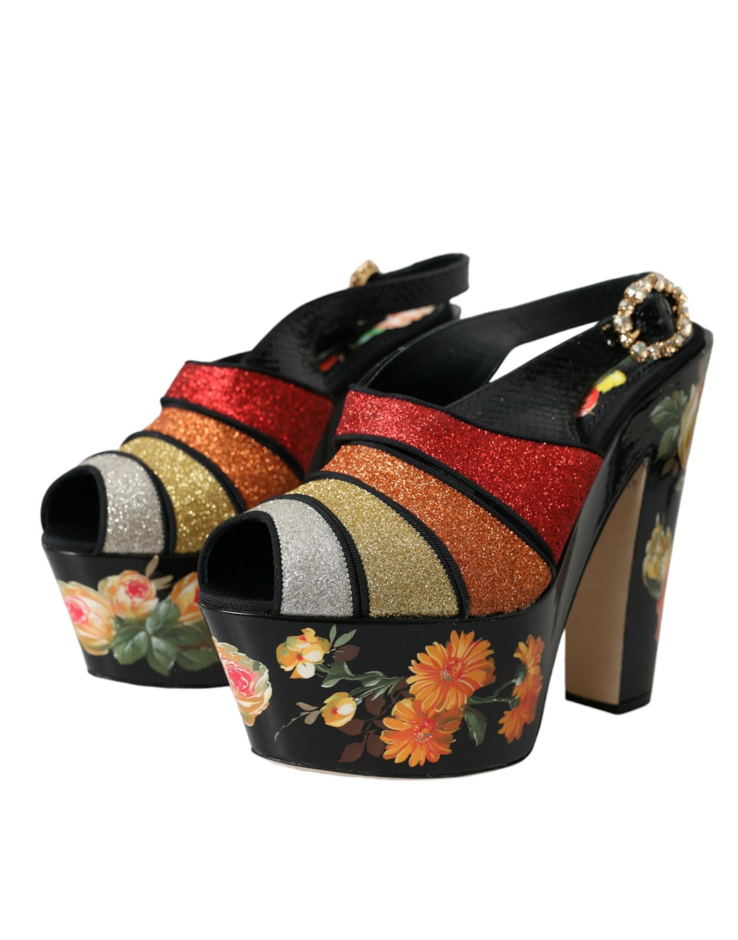 Dolce &amp; Gabbana Multicolor Floral Crystal Platform Sandals -kengät