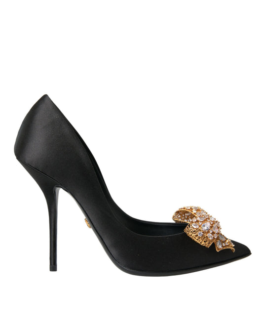 Dolce &amp; Gabbana Black Satin Bow Crystal Heels Pumps -kengät