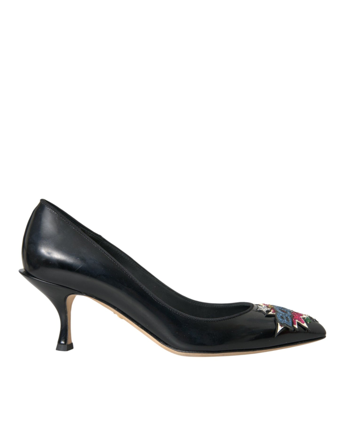 Dolce &amp; Gabbana Black Leather BOOM Patch Heels Pumps Shoes