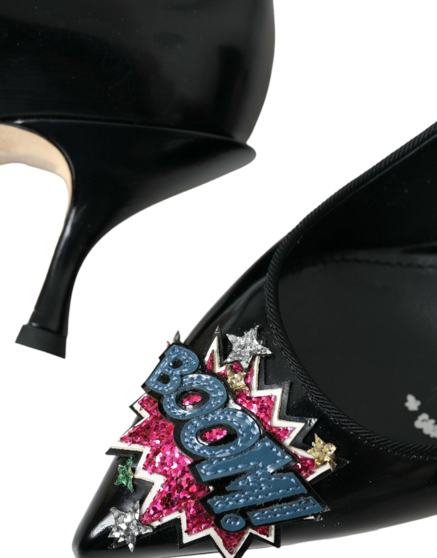 Dolce &amp; Gabbana Black Leather BOOM Patch Heels Pumps Shoes