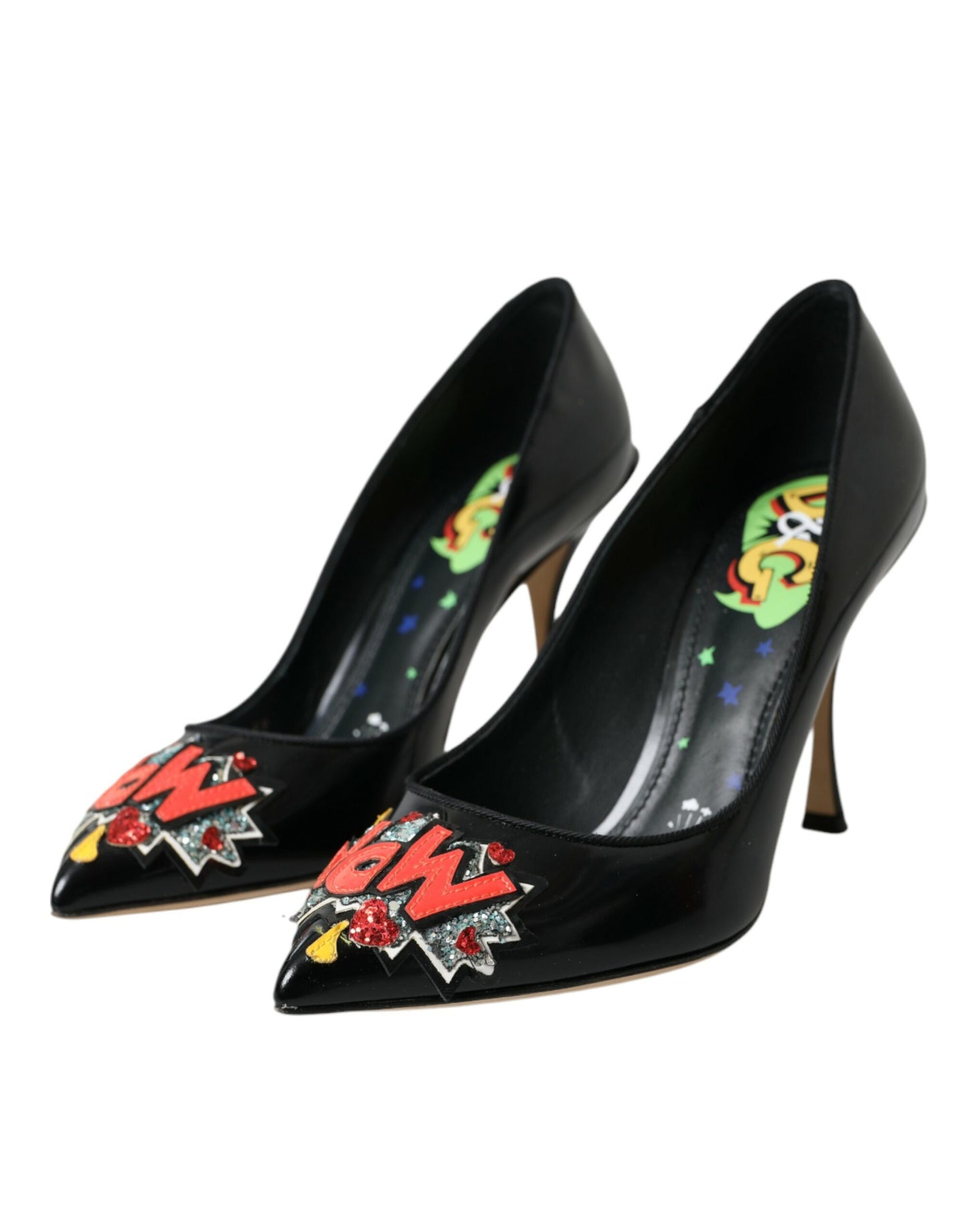 Dolce &amp; Gabbana Black Leather WOW Patch Heels Pumps Shoes