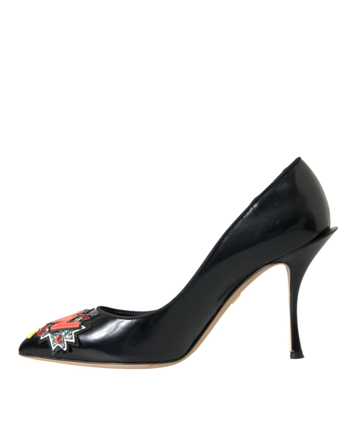 Dolce &amp; Gabbana Black Leather WOW Patch Heels Pumps Shoes