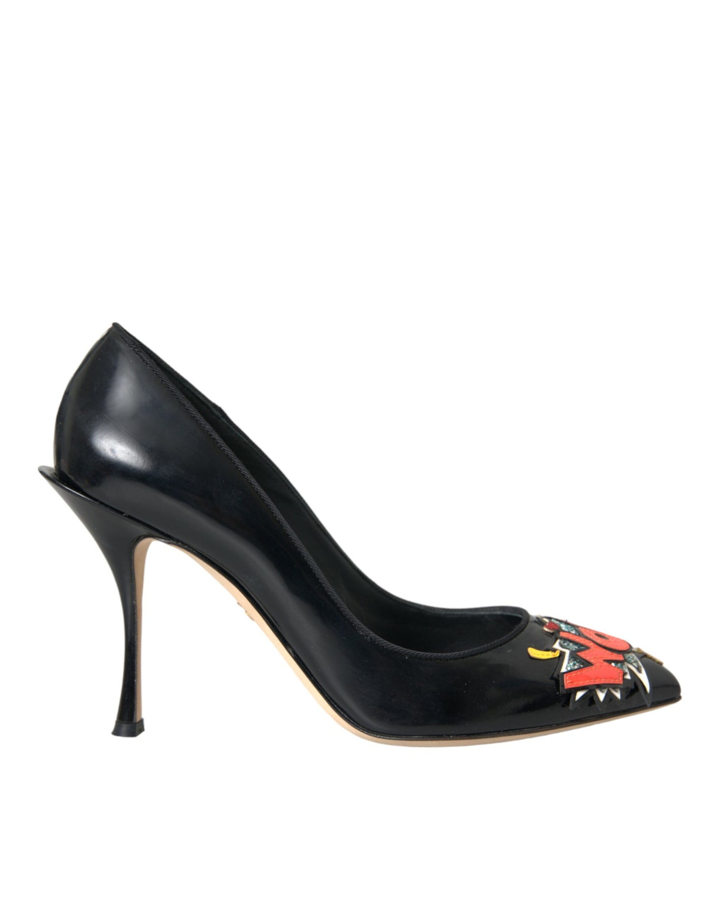 Dolce &amp; Gabbana Black Leather WOW Patch Heels Pumps Shoes