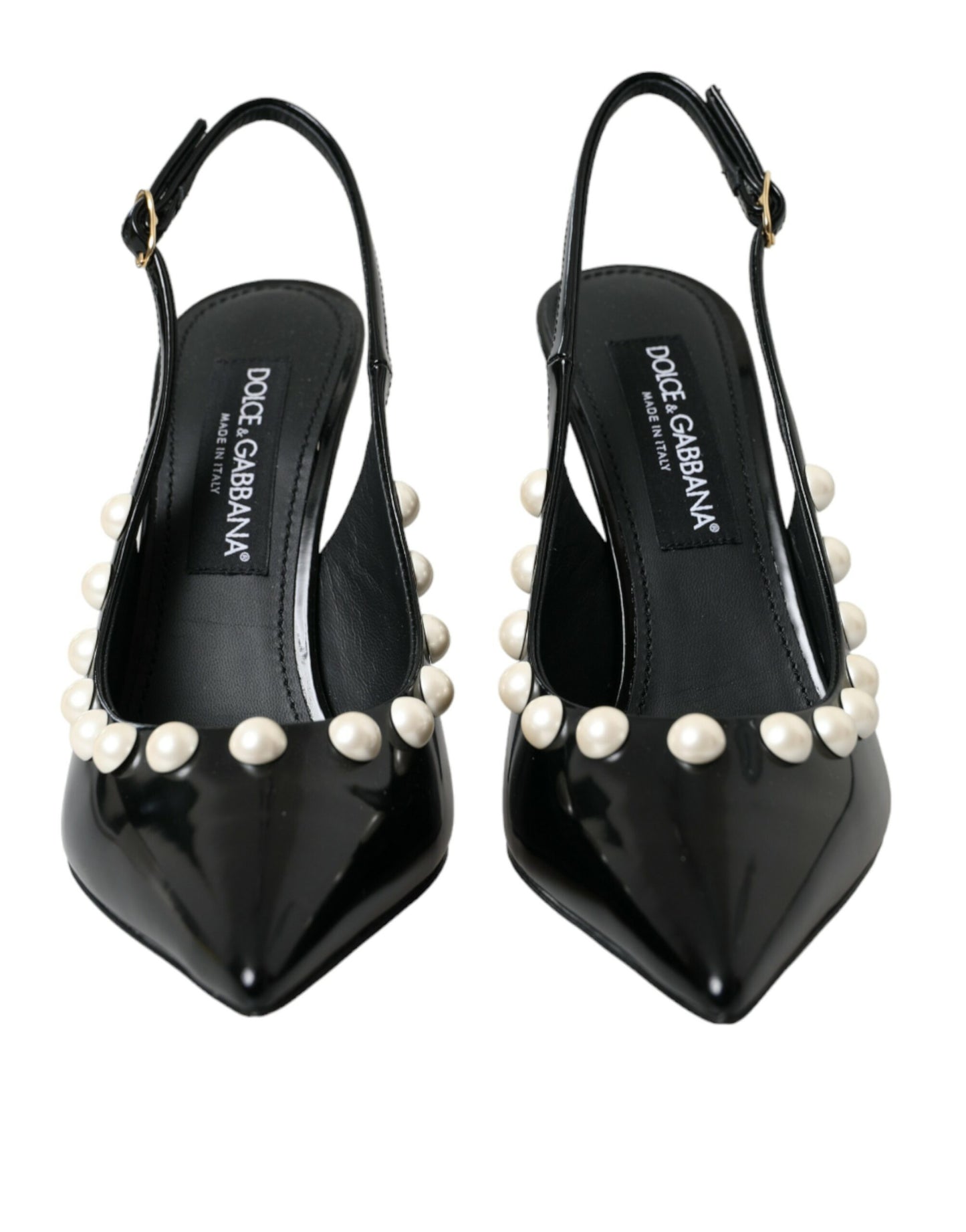 Dolce & Gabbana Schwarze Leder Faux Perle Ferse Slingback Schuhe