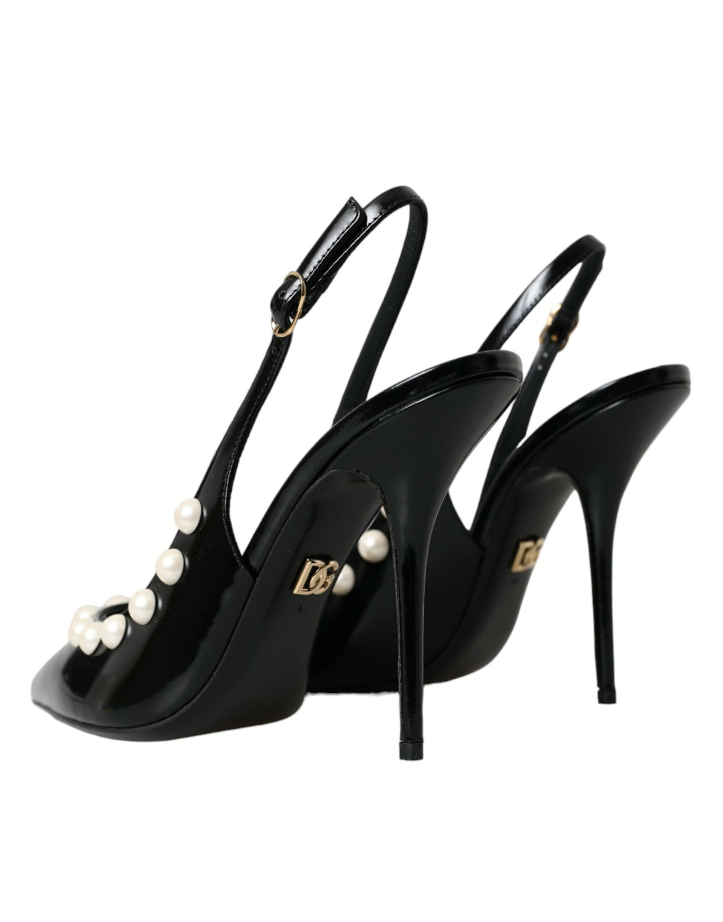 Dolce & Gabbana Schwarze Leder Faux Perle Ferse Slingback Schuhe