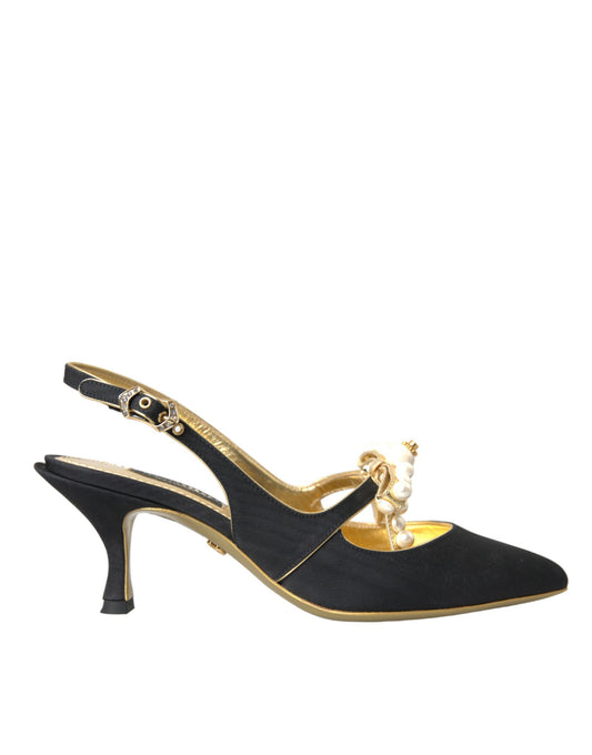 Dolce & Gabbana Schwarz Leder Faux Perlen Slingbacks Schuhe