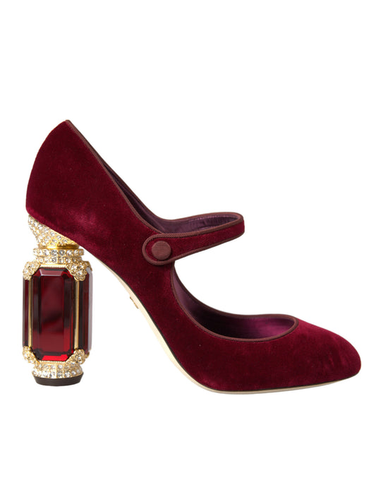 Dolce &amp; Gabbana Red Velvet Gold Crystals Heels Mary Jane -kengät