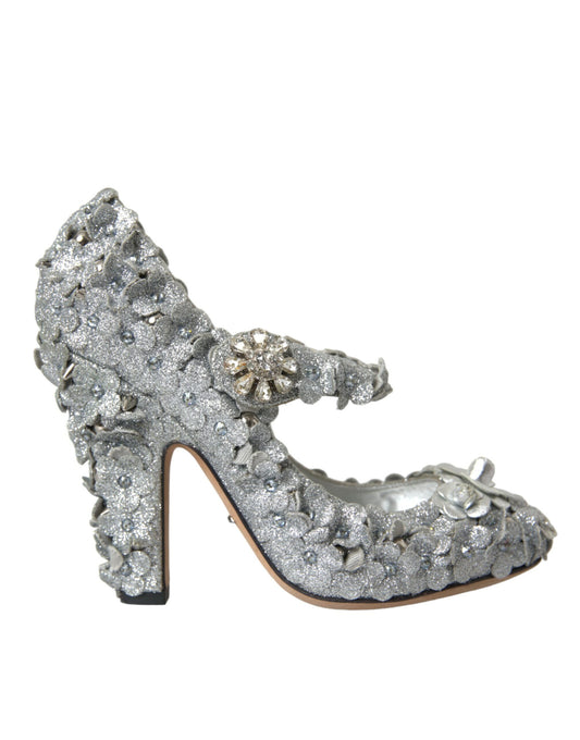 Dolce &amp; Gabbana Silver Floral Crystal Mary Jane Pumps Shoes