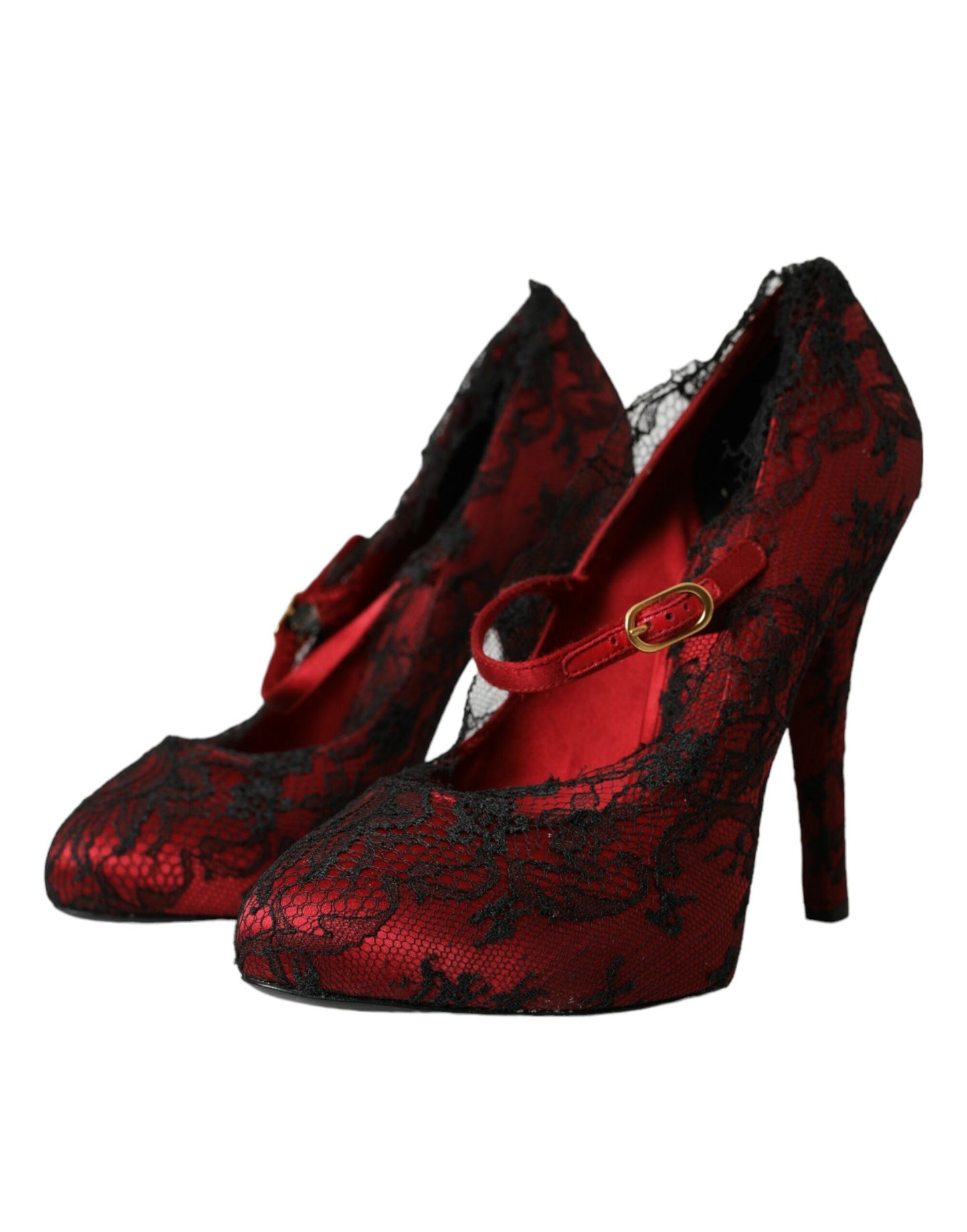 Dolce &amp; Gabbana Red Black Floral Lace Mary Jane Pumps Shoes