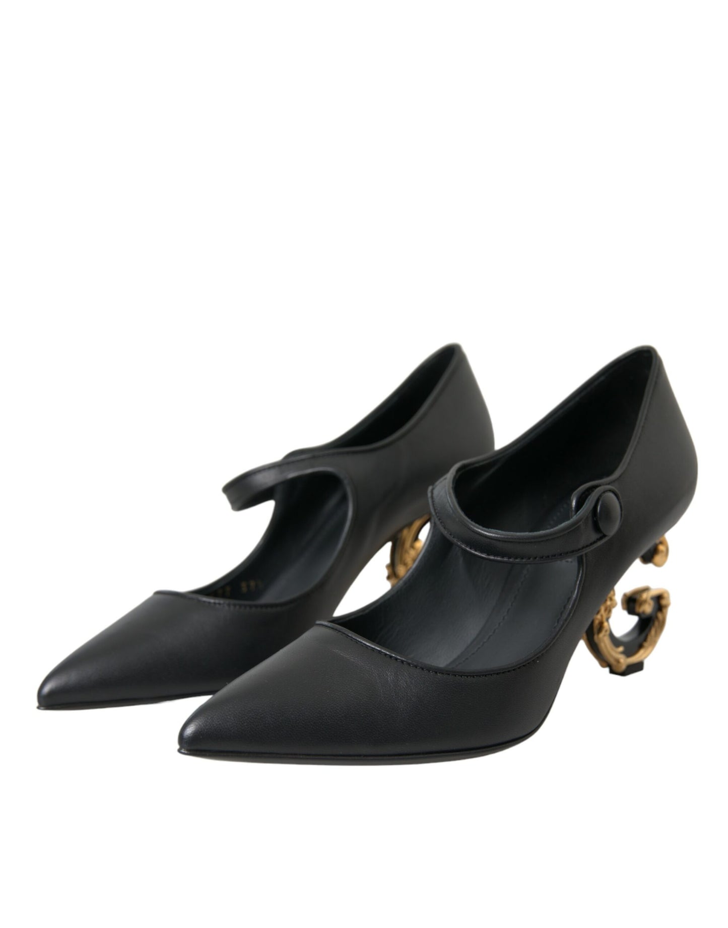 Dolce &amp; Gabbana Black Leather Logo Heels Mary Janes Pumps Shoes