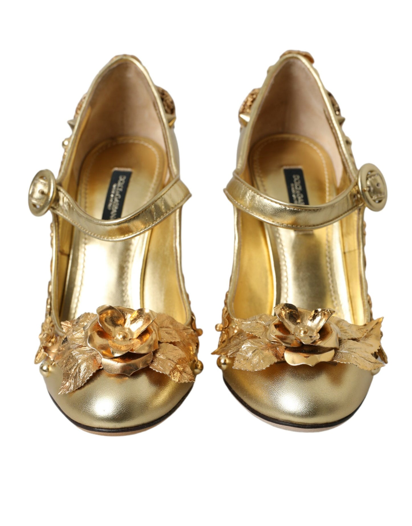 Dolce &amp; Gabbana Gold Leather Crystal Mary Janes Pumps Shoes