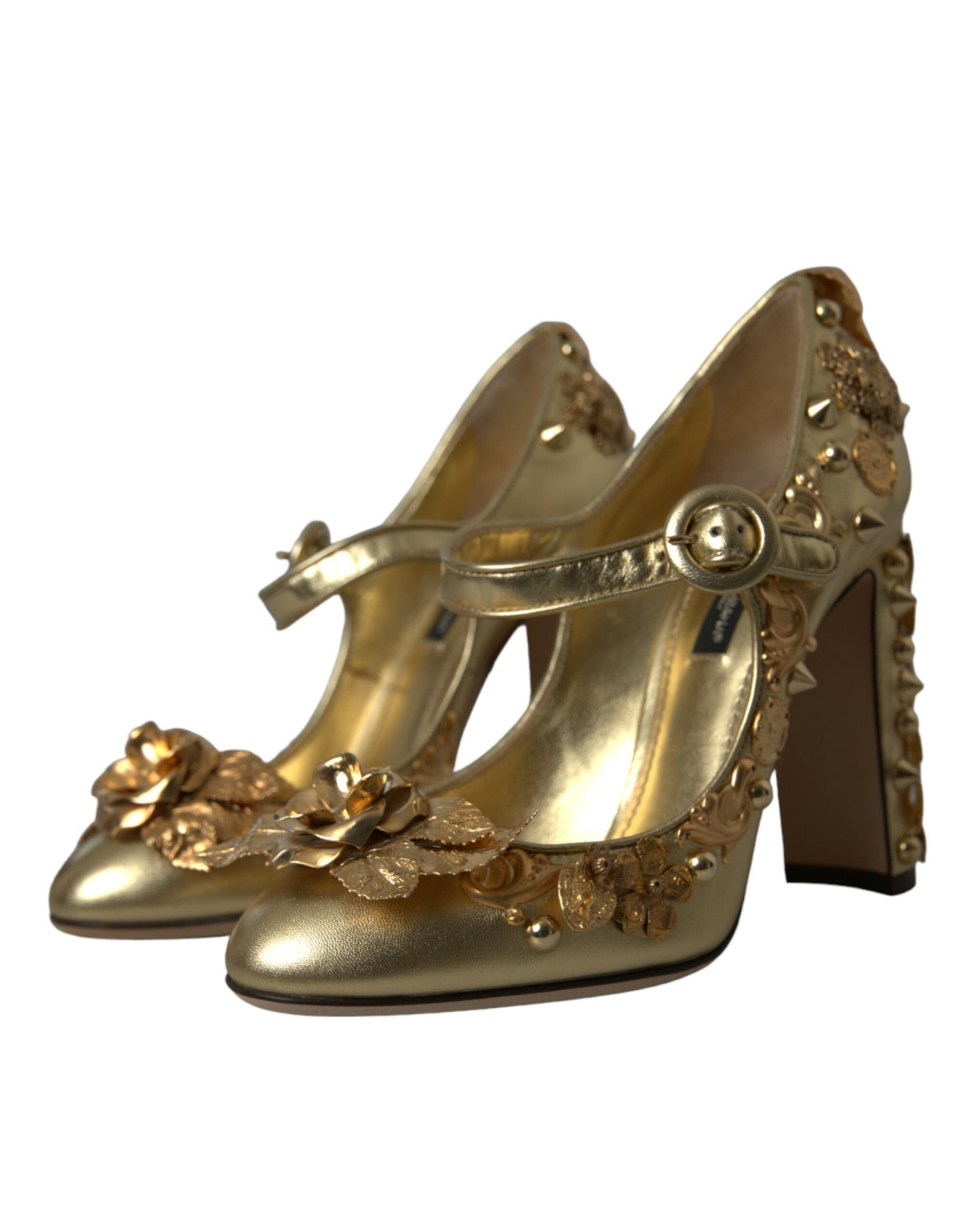 Dolce &amp; Gabbana Gold Leather Crystal Mary Janes Pumps Shoes