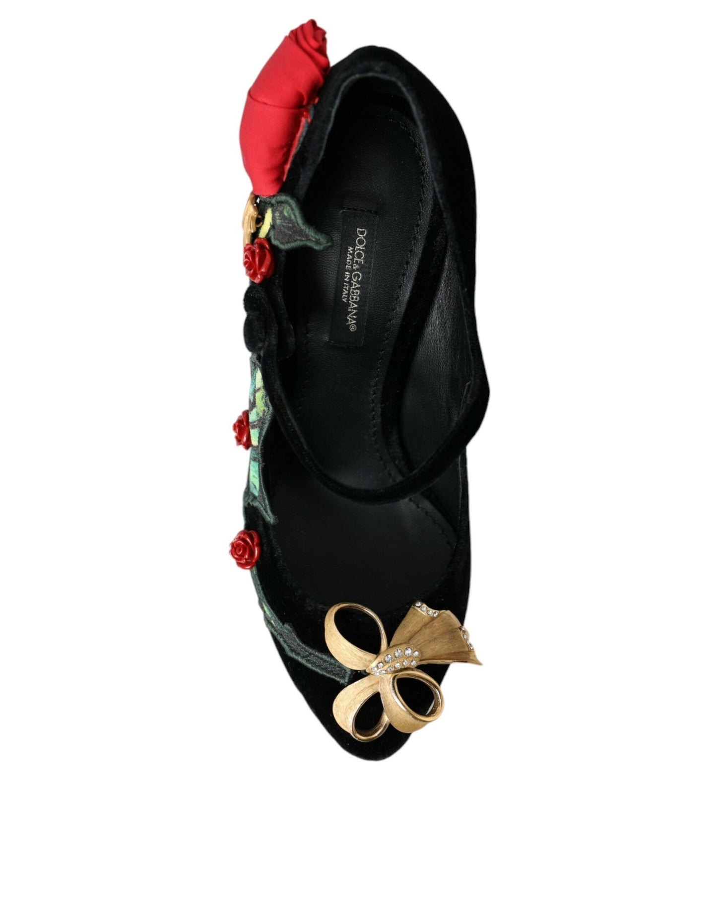 Dolce &amp; Gabbana Black Rose Crystal Brooch Mary Jane Shoes