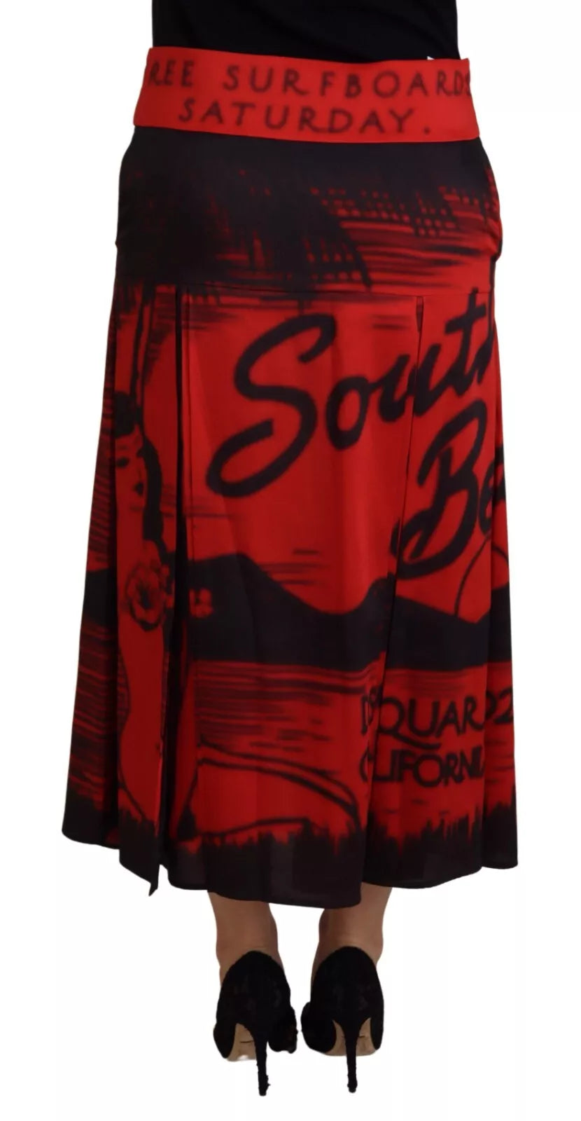 Dsquared² Roter bedruckter Midirock mit hoher Taille in A-Linie und Plissee