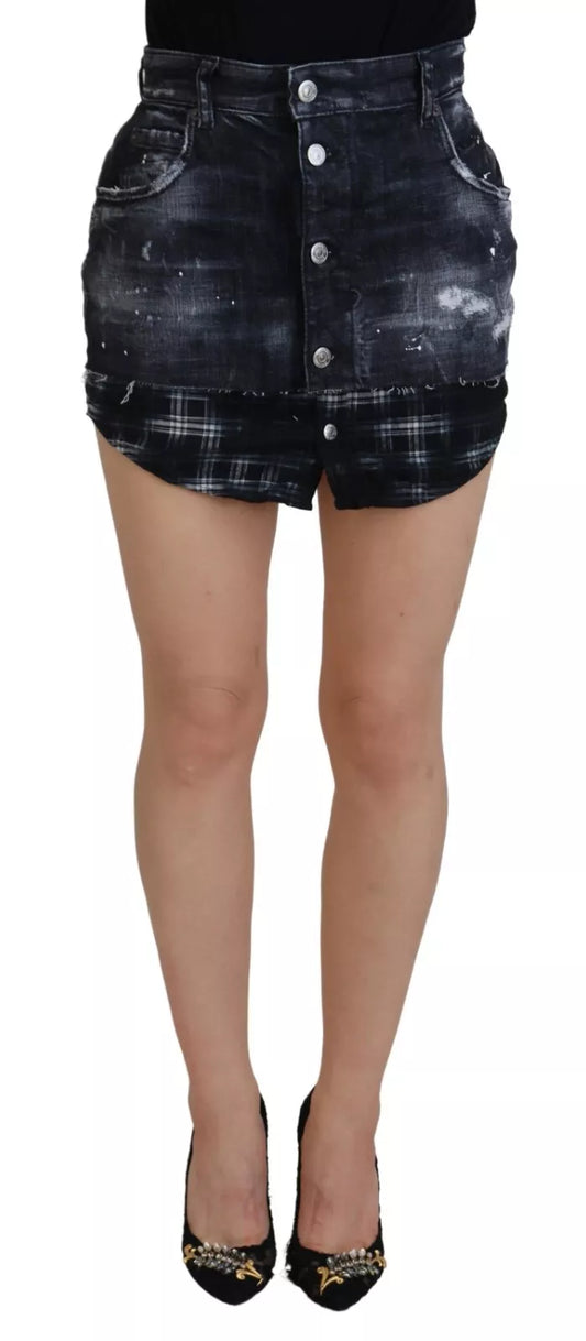 Dsquared² Black checked denim high waist A-line mini skirt