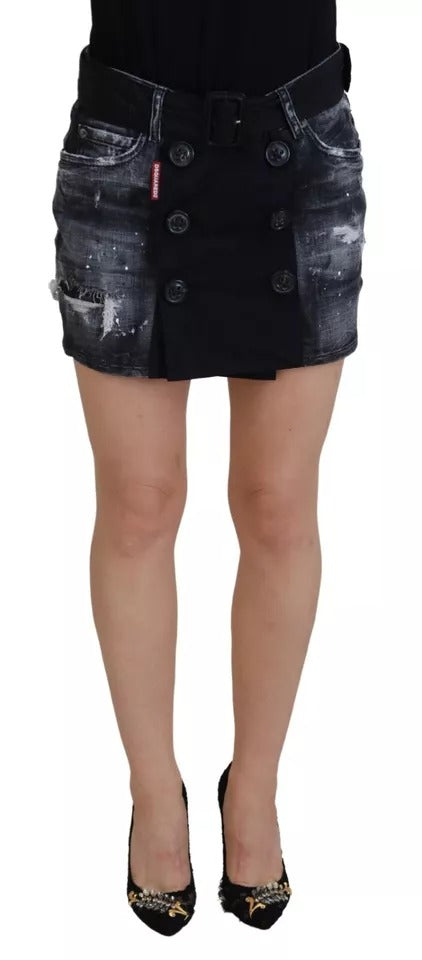 Dsquared² Black Distressed Denim Mid Waist A-Line Mini Skirt