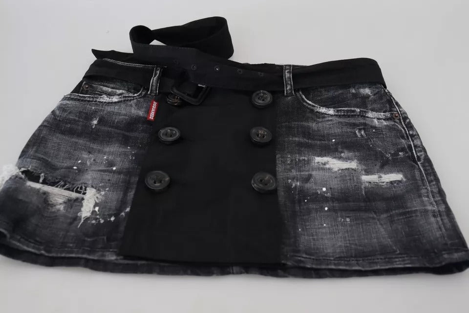 Dsquared² Schwarzer Distressed Denim-Minirock mit mittlerer Taille in A-Linie