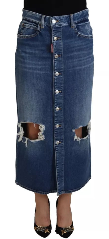 Dsquared² Blue Distressed Denim High Waist Pencil Skirt