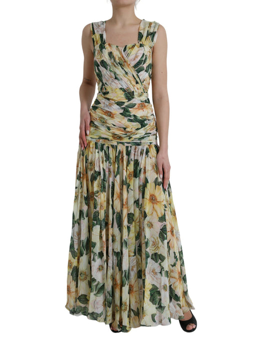 Dolce &amp; Gabbana Yellow silk maxi dress with floral print and pleats