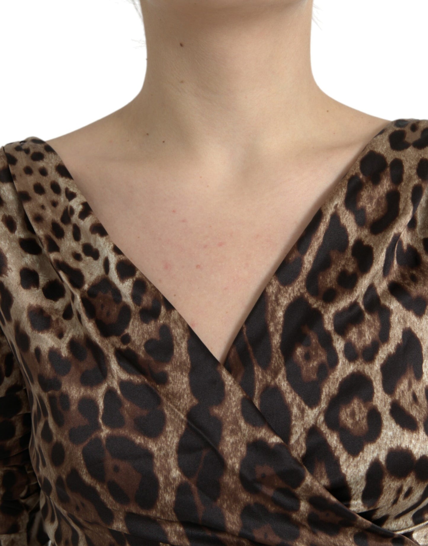 Dolce &amp; Gabbana Brown Leopard Print Bodycon V-kaula-midimekko