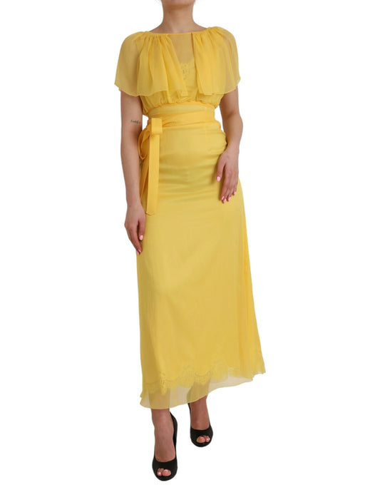 Dolce &amp; Gabbana Yellow Silk Coat Dress with Belt Long Maxi Dress