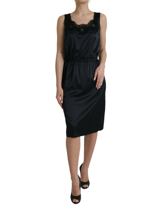 Dolce & Gabbana Schwarzes Polyester-Midikleid mit Spitzenbesatz