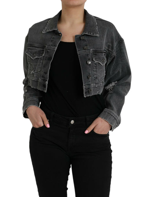 Dolce &amp; Gabbana Dark Grey Cotton Stretch Cropped Denim Jacket