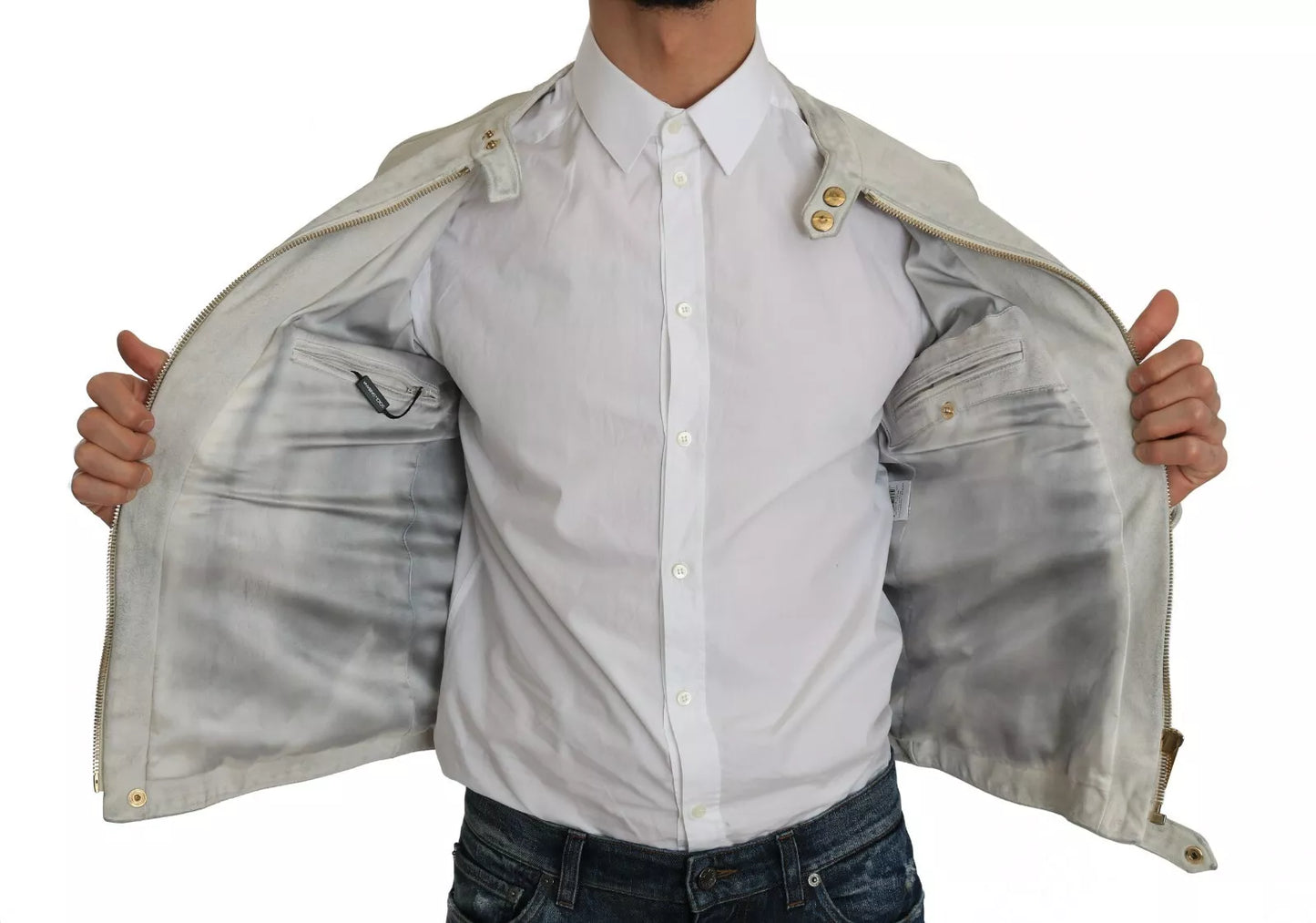 Dolce &amp; Gabbana White Leather Biker Motorcycle Jacket