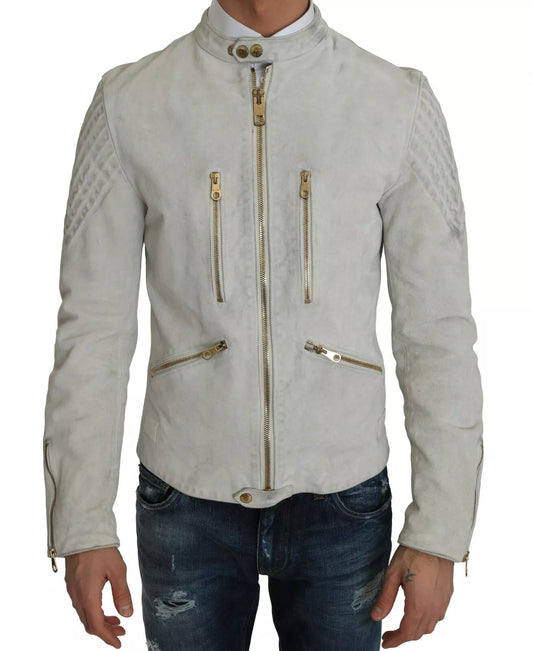 Dolce &amp; Gabbana White Leather Biker Motorcycle Jacket