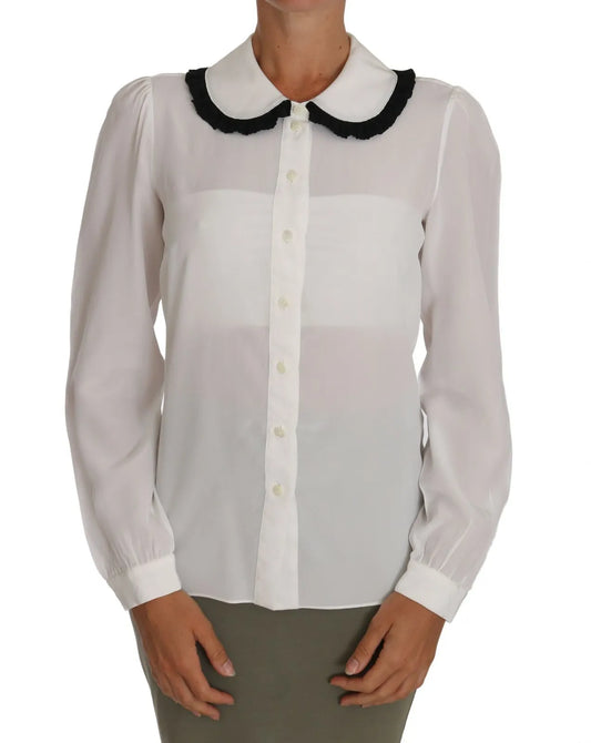 Dolce &amp; Gabbana White Silk Shirt Blouse with Gathered Collar