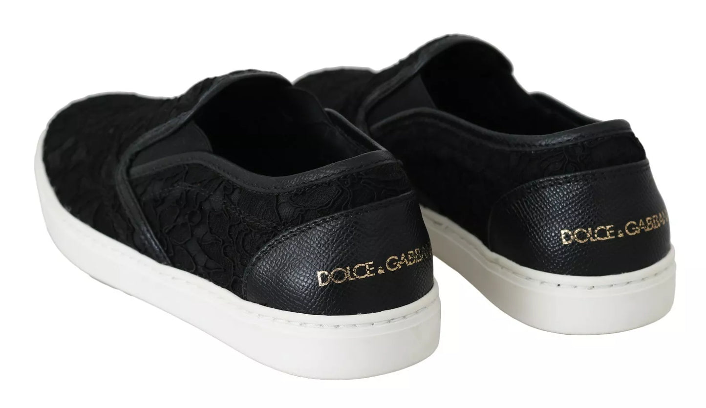 Dolce &amp; Gabbana Black Lace Leather Flat Slip-On Sneakers with Logo