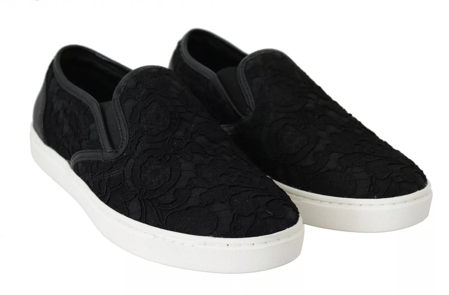 Dolce &amp; Gabbana Black Lace Leather Flat Slip-On Sneakers with Logo