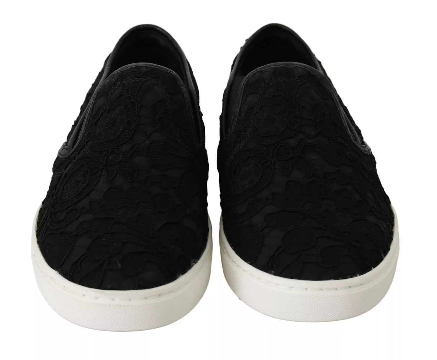 Dolce &amp; Gabbana Black Lace Leather Flat Slip-On Sneakers with Logo