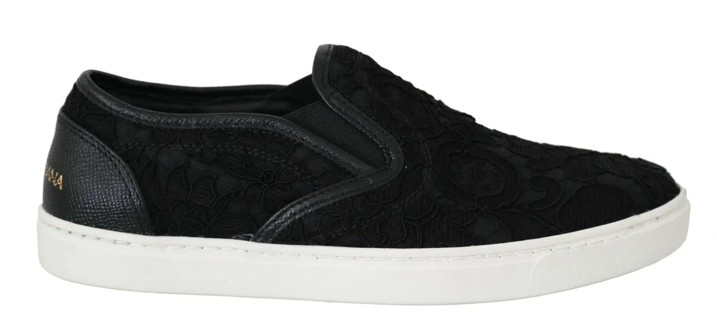 Dolce &amp; Gabbana Black Lace Leather Flat Slip-On Sneakers with Logo