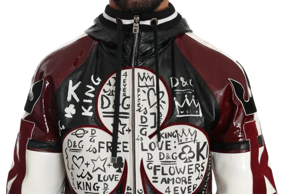 Dolce &amp; Gabbana Black burgundy leather jacket with hood DG King of Love