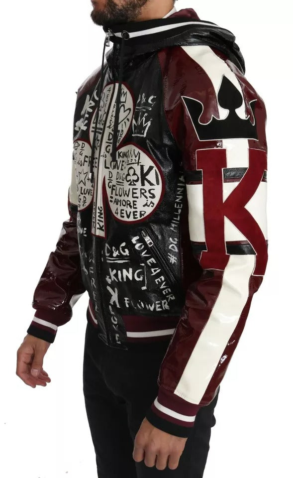 Dolce &amp; Gabbana Black burgundy leather jacket with hood DG King of Love