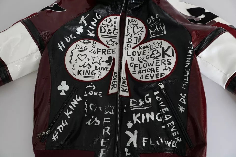 Dolce &amp; Gabbana Black burgundy leather jacket with hood DG King of Love