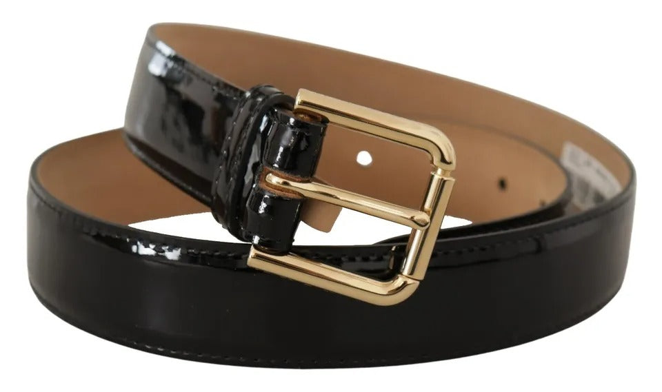 Dolce &amp; Gabbana Black Leather Gold Metal Logo Engraved Buckle Belt