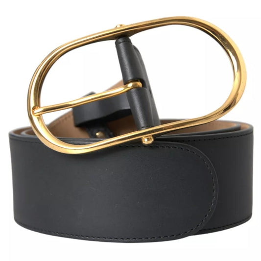 Dolce &amp; Gabbana Black Leather Gold Oval Metal Buckle Belt