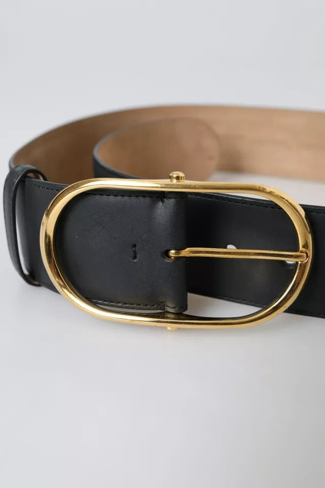 Dolce &amp; Gabbana Black Leather Gold Oval Metal Buckle Belt