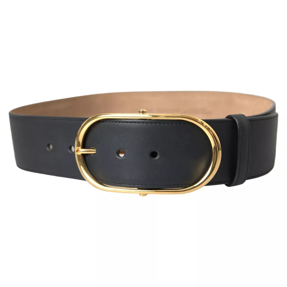 Dolce &amp; Gabbana Black Leather Gold Oval Metal Buckle Belt