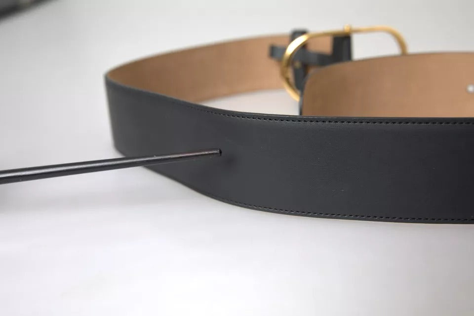 Dolce &amp; Gabbana Black Leather Gold Oval Metal Buckle Belt