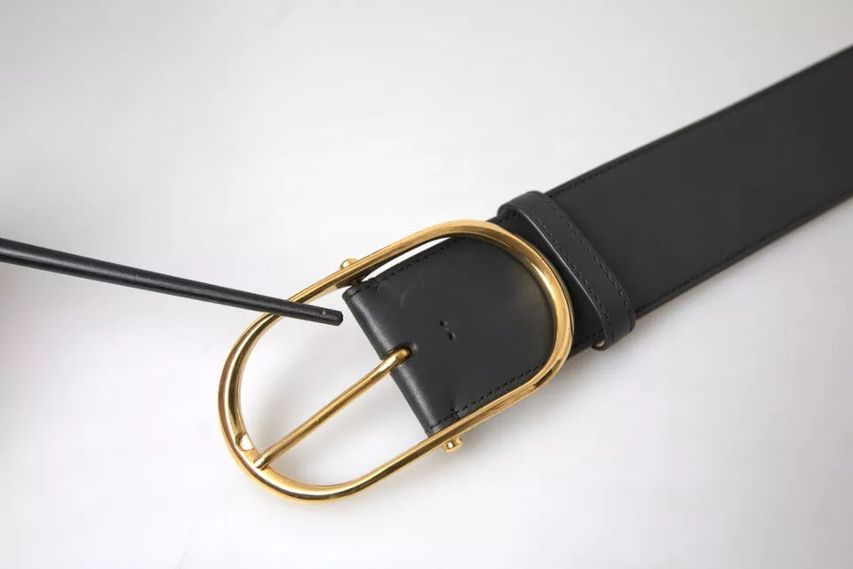 Dolce &amp; Gabbana Black Leather Gold Oval Metal Buckle Belt