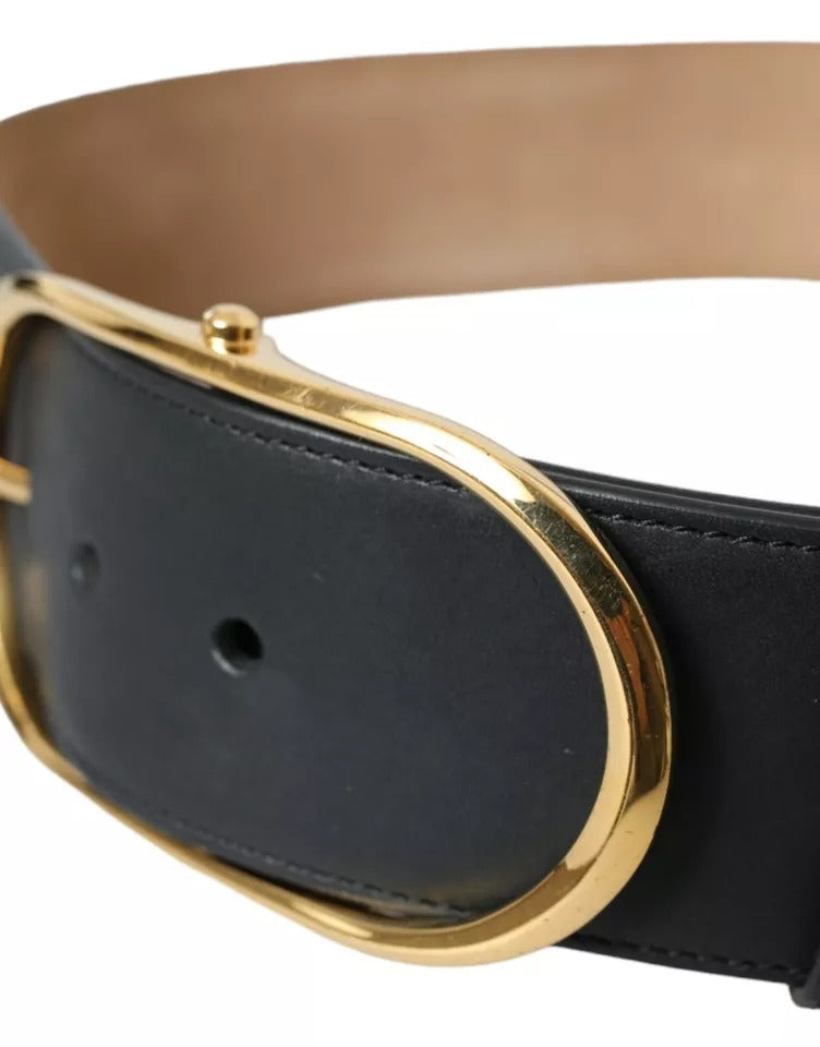 Dolce &amp; Gabbana Black Leather Gold Oval Metal Buckle Belt