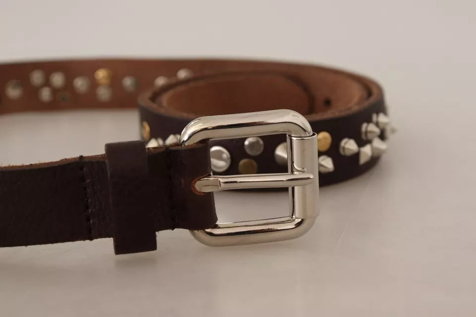 Dolce &amp; Gabbana brown leather studded belt with silver metal buckle